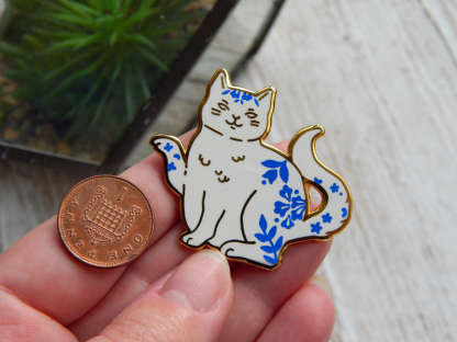 Cat Porcelain Blue and White Teapot Enamel Pin Cute Animals UK