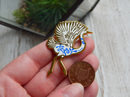 Crane Porcelain Bird Blue and White Enamel Pin UK Cute Animals Gifts