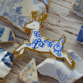 Mini Delftware Blue and White Deer Reindeer Enamel Pin UK Gifts Christmas