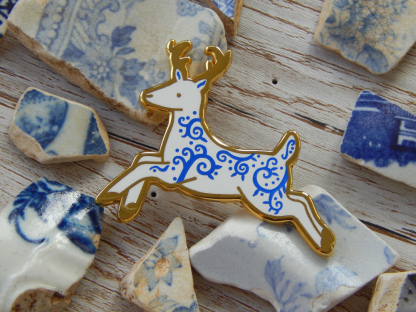 Mini Delftware Blue and White Deer Reindeer Enamel Pin UK Gifts Christmas