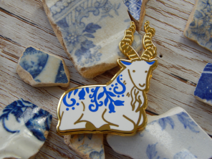 Porcelain Goat Enamel Pin Blue and White UK Cute Animal