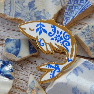Koi fish Porcelain Blue and White Enamel Pin UK