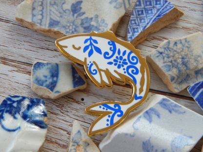 Koi fish Porcelain Blue and White Enamel Pin UK