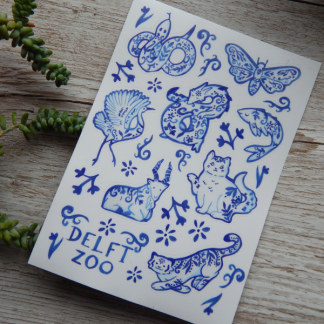 Cute Porcelain Animals Blue and White Illustration Matte Vinyl Sticker Sheet UK