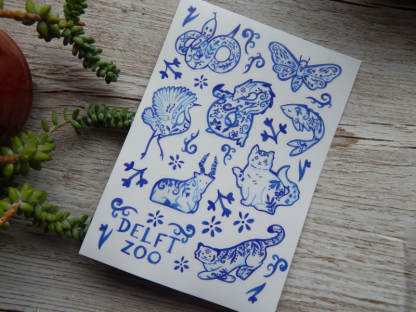 Cute Porcelain Animals Blue and White Illustration Matte Vinyl Sticker Sheet UK